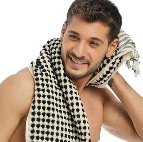 Turkish Spa Hair Peshtemal XL Hand Towel Black Natural White Pom Pom Houndstooth - Picture 2 of 8